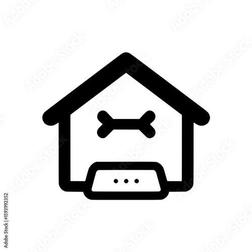 Bold black dog house icon with bone over the door, representing kennel, pet shelter, or dog residence.