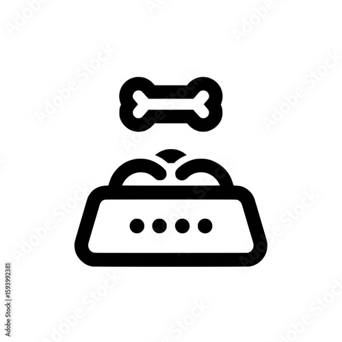 Black icon of a pet food bowl filled with kibble and a bone, representing feeding or pet mealtime.