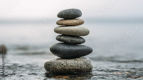 Serene Zen Stone Stack on Beach with Calm Ocean Background