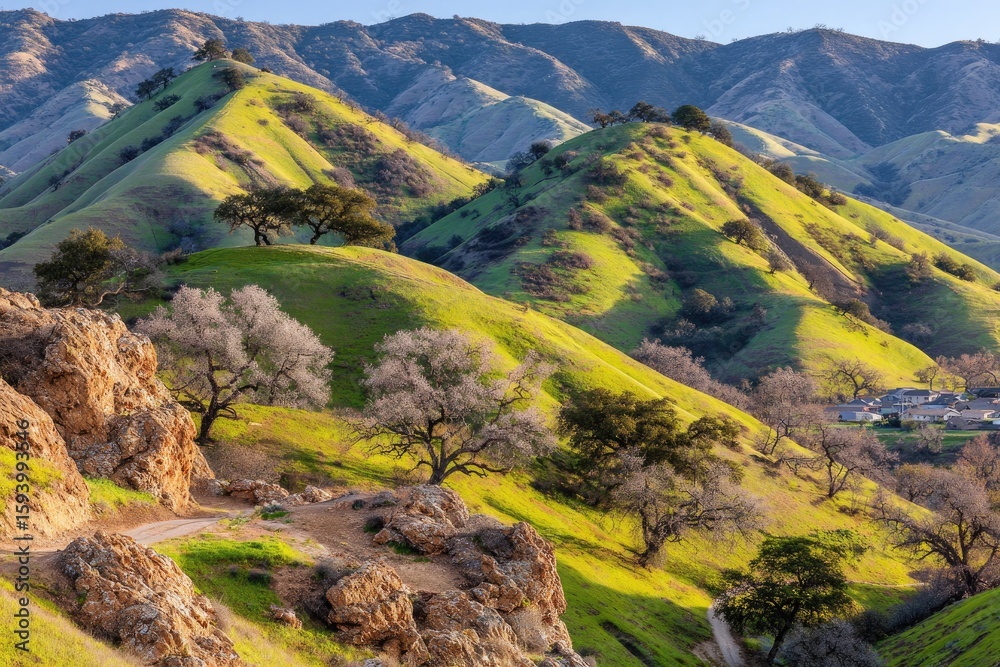 Naklejka premium Rolling hills, sunlit slopes, and distant mountains