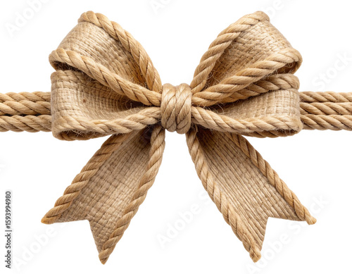 Rustic jute rope bow tied neatly for packaging, front view isolated on transparent background PNG