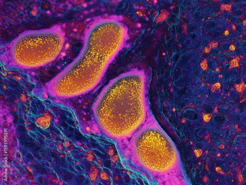 This image showcases a microscopic view of bacteria. The cells are vibrant with shades of yellow and purple, indicative of the unique structures within these microorganisms.