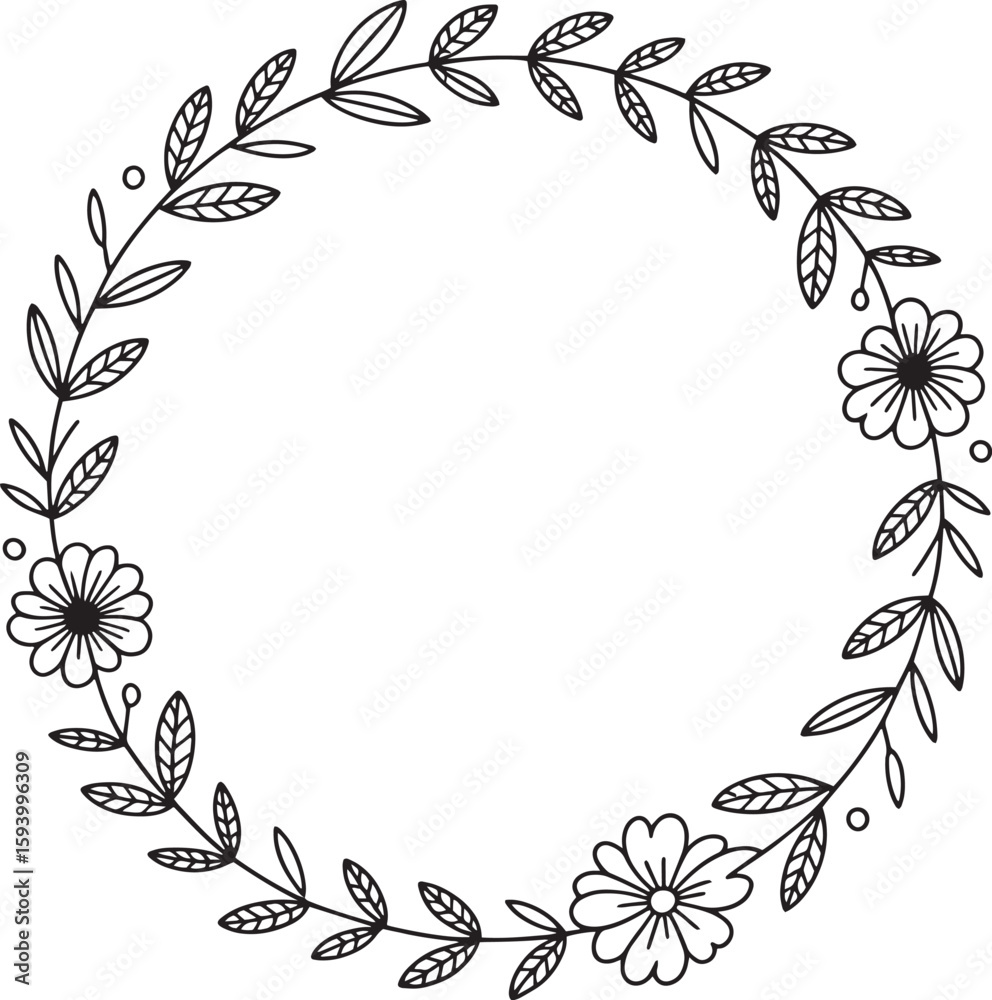 Fototapeta premium Floral Wreath SVG | Hand-Drawn Botanical Circle Frame for Monograms, Crafts & Sublimation