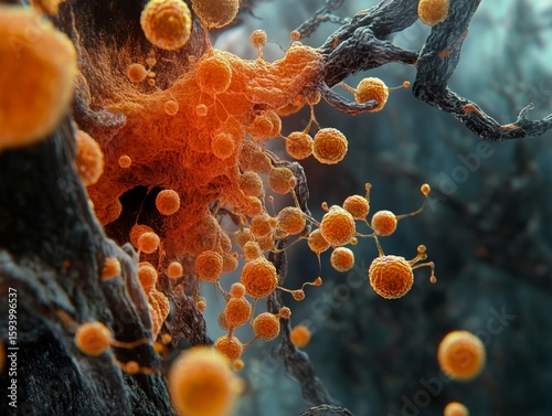 Illustrated image of viral outbreak in a microscopic world, showing infected cells amidst the bacteria.