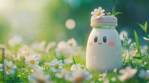 Cute cartoon face on bottle with daisies blooming in background.