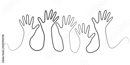 Illustration of a raised hand in a minimalist single-line style. A symbol of participation, solidarity, and support. Suitable for social, educational, community, and campaign themes.