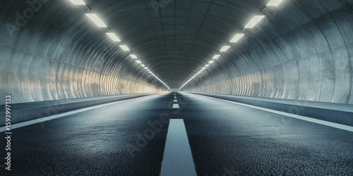 Long, empty highway tunnel at night with lights on