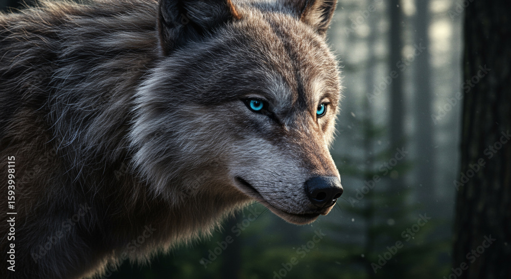 Fototapeta premium A close-up portrait of a wolf with striking blue eyes in a forest setting.