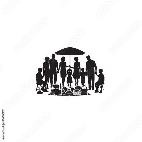 Multigenerational Family Picnic Silhouette on White Background – Vector Illustration for Symbolic Togetherness, Generational Bonding, and Outdoor Leisure Concepts