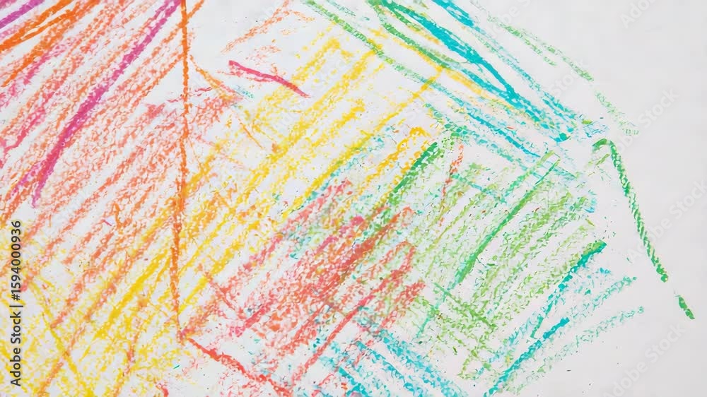 Abstract Crayon Scribble Art on White Background Featuring Vibrant Rainbow Colors and Rough Texture Design with Hand Drawn Strokes