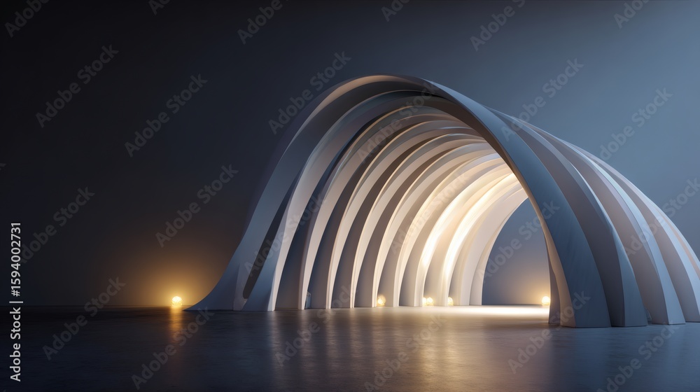 Fototapeta premium Stylized reflective archways arranged in a circular formation resembling a modern sculpture, lit from the left by a softbox light, producing a gentle gradient on each arch's curvature, enhancing 