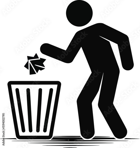 Black stick figure throwing crumpled paper into a trash can against a white gradient background art