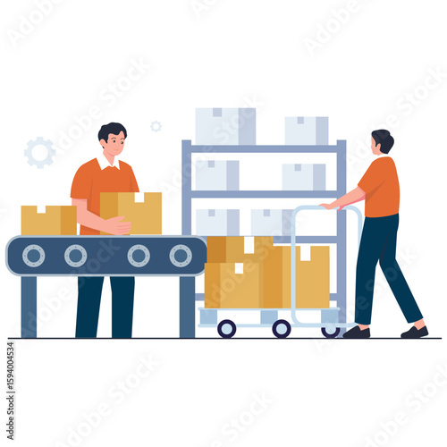 Distributor Logistic Illustration. Vector illustration of Workers organize and move boxes on a conveyor belt and trolley in a packaging facility. Isolated on background