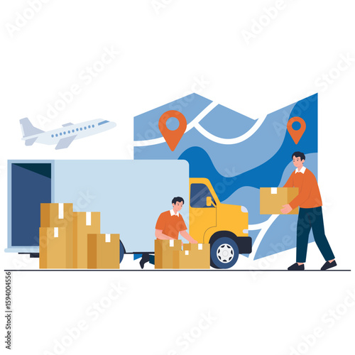 Distributor Logistic Illustration. Vector illustration of Workers prepare packages for delivery using truck transport with route map and airplane. Isolated on background