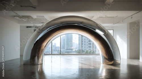 A single massive chrome arch dominating the center of a large empty white space, with natural side lighting producing a mirror-like surface that reflects portions of the environment subtly 