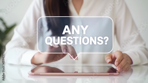 Woman Using Tablet with Virtual Any Questions Overlap on White Background in Bright Indoor Setting with Professional Attire