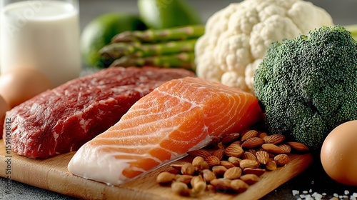 High-protein ingredients such as chicken breast, salmon, eggs, milk, almonds, Chickpeas, Broccoli, Asparagus, and Avocado, the kitchen background, healthy, diet food, Protein sources