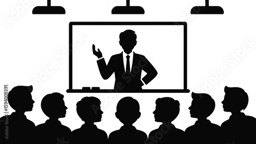 Silhouette of a presenter giving a presentation to a group of people in a conference room setting