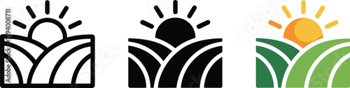 Illustration of a sun rising over rolling hills in three different styles on a white background