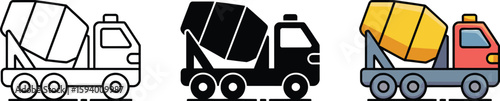 Three illustrations of a cement mixer truck in line art black silhouette and color style drawing