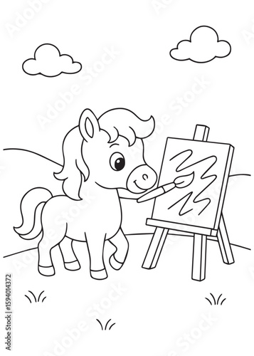 Coloring book horse painting happily on a canvas in a field.