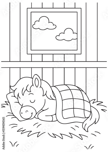 Coloring book pony sleeping peacefully under a blanket in the stable.