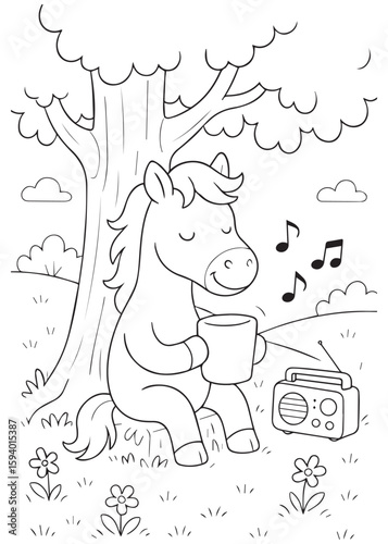 Coloring book pony listening to music and drinking under a tree.
