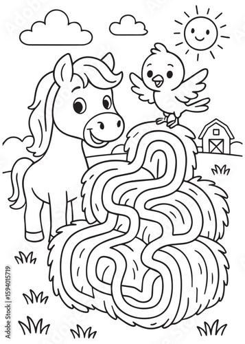 Coloring book pony with a bird near a maze-shaped haystack.