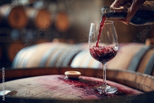 Red wine being poured into a glass, situated on a wooden wine barrel, amongst other barrels