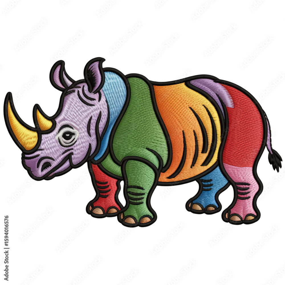 Fototapeta premium Rainbow rhinoceros embroidered patch animal wildlife
