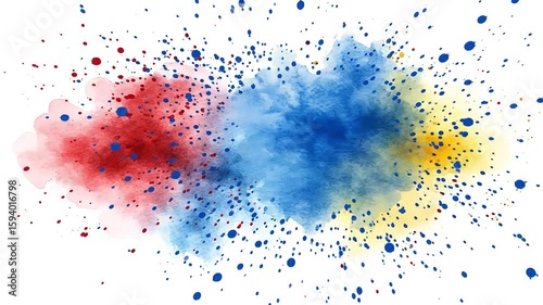 Dynamic blend of red, blue, and yellow watercolor pigments forming a beautiful artistic splash.