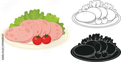 Find delicious bologna meat slices served with fresh lettuce and tomatoes on a white plate graphic art