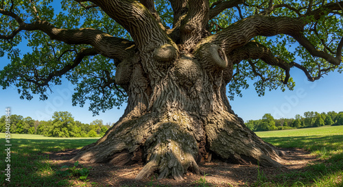 Majestic old oak tree with gnarled trunk, sprawling branches, and lush green foliage in a grassy field under a clear blue sky.