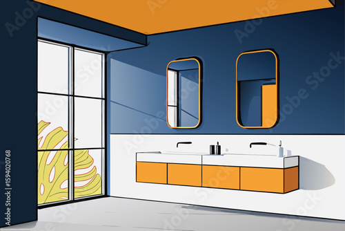 Modern home interior featuring a hotel room with a sleek bathroom, light-filled with an architectural design, ample floor space, and stylish furniture