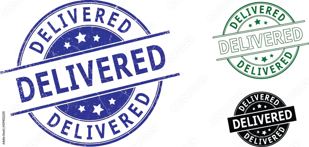 Obraz premium Delivered stamp vector illustration set, delivery completed icon, shipping seal, grunge effect 100