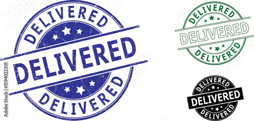 Delivered stamp vector illustration set, delivery completed icon, shipping seal, grunge effect 100