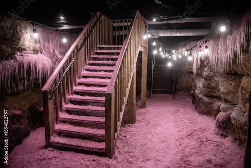 Wooden staircase descends into a subterranean, pink-lit, icy cavern