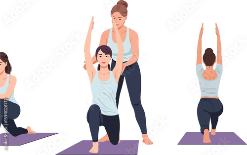 Woman doing yoga with instructor in studio on yoga mat in white background vector illustration art