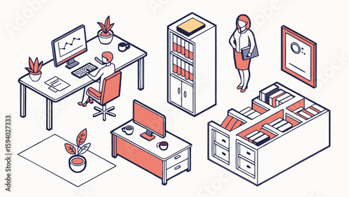 Isometric office scene with desk worker woman bookcase and file cabinet illustration art