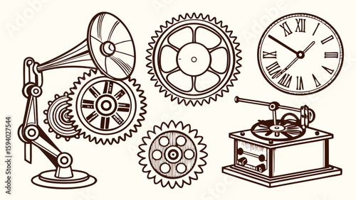 Steampunk illustration featuring gears, a clock, and vintage phonographs in a line art style