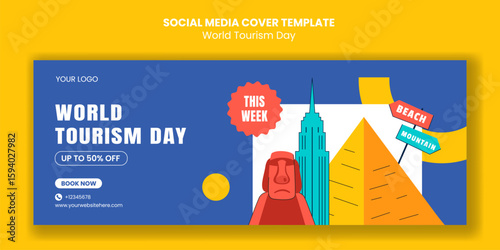 Happy Tourism Day Illustration Template with Flat Cartoon Style for Social Media Cover