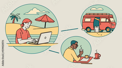 Digital nomad lifestyle showing a woman working on a beach and a man drinking coffee connected to a van