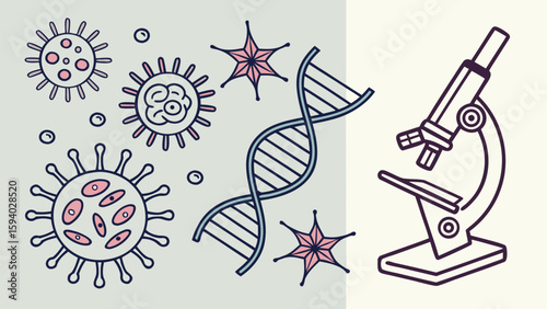 Illustration of viruses dna strands and a microscope symbolizing scientific research and discovery