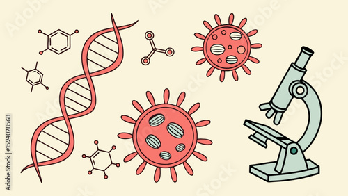 Illustration of dna strand molecules viruses and a microscope for scientific or medical research use