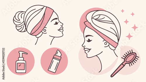 Illustrations of women with hair accessories and beauty products on a light background color scheme