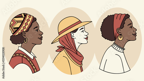 Three women in profile each wearing different head coverings in a vintage style illustration