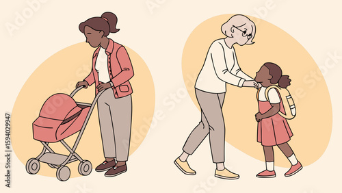 Illustration showing a mother pushing a stroller and a grandmother seeing her granddaughter off to school