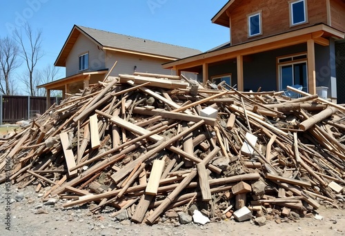 Pile of construction debris, wood scraps, and rubble near a new home,  environmental waste,  recycling