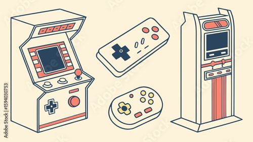 Illustration of two arcade game machines and two game controllers on a light yellow background