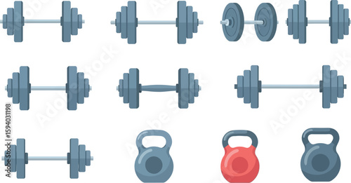 A collection of dumbbells and kettlebells arranged in a grid pattern on a white background showing fitness